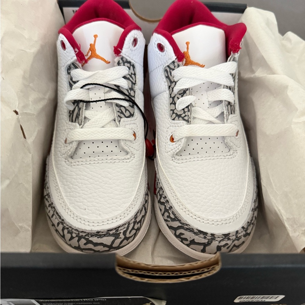 Jordan Kids White Sneakers with Gray Elephant Print and Red Lining